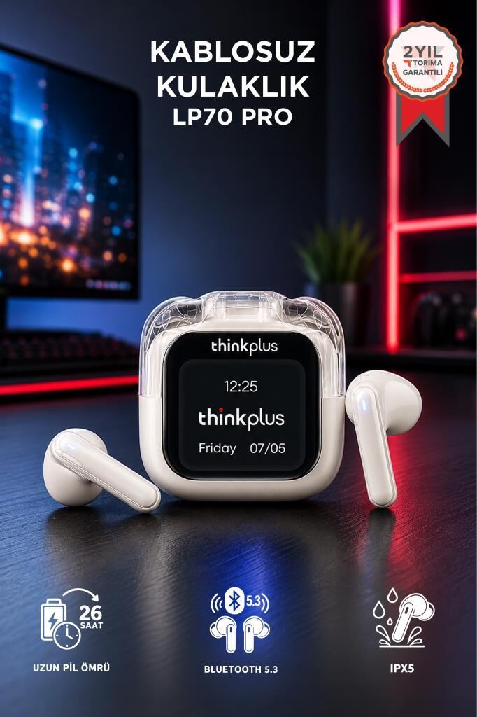Lenovo Thinkplus Bluetooth Kulaklık Akıllı Dijital Ekranlı Tws 5.4 Kablosuz Kulaklık LP70 Pro Beyaz