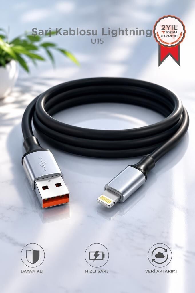 Şarj Kablosu Lightning Silikon 3.0A Data Kablo U15 Siyah
