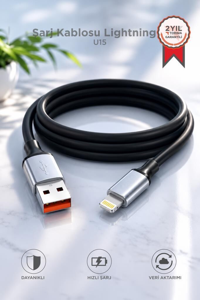 Şarj Kablosu Lightning Silikon 3.0A Data Kablo U15 Siyah