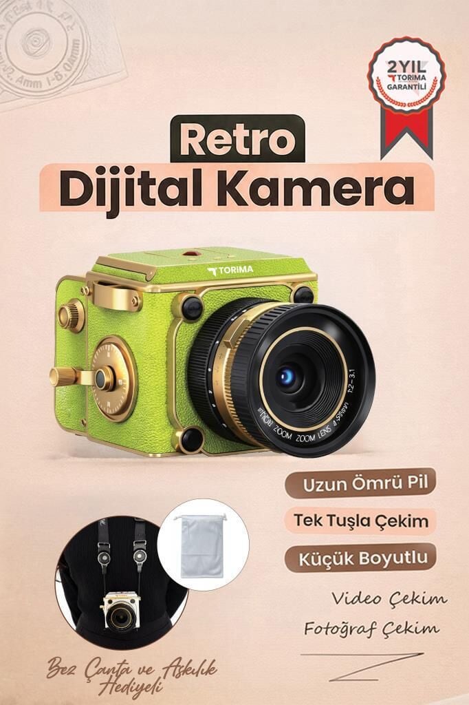 Torima Vintage Dijital Kamera Selfie Video Vlog Kamerası Fotoğraf Makinesi CMR48 Açık Yeşil