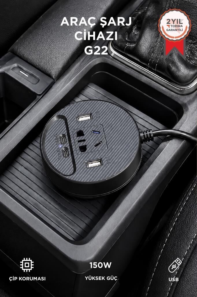 Araç Şarj Aleti Çakmaklık İnvertör & Şarj Cihazı 220V Priz+USB & Type-C Araba Çakmaklık G22 Siyah