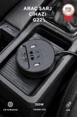 Araç Şarj Aleti Çakmaklık İnvertör & Şarj Cihazı 220V Priz+USB & Type-C Araba Çakmaklık G22 Siyah