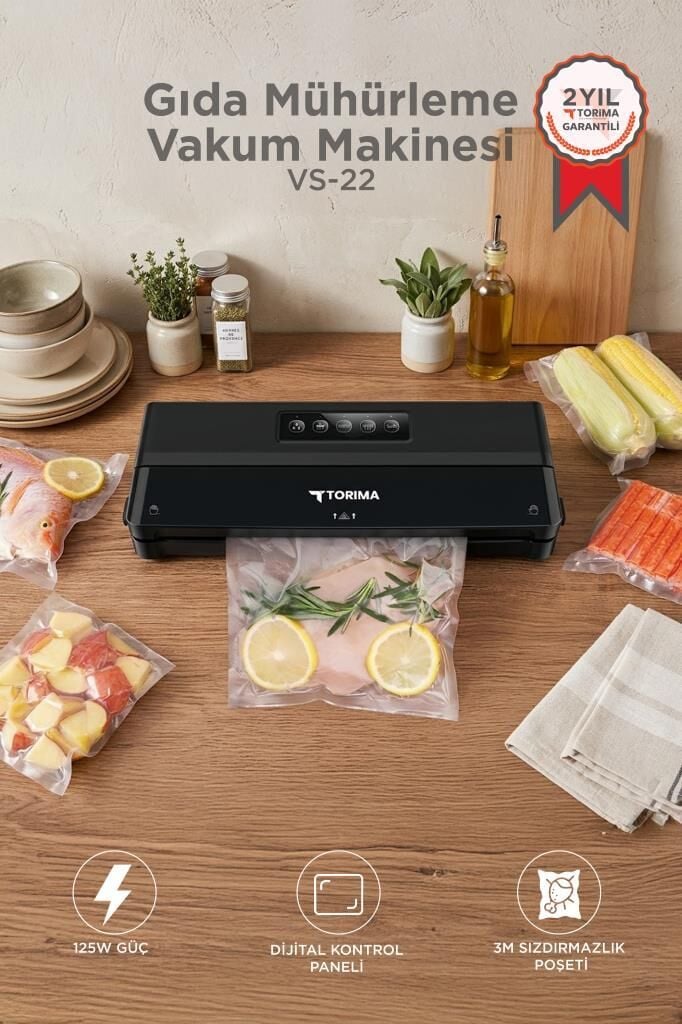 Gıda Mühürleme Vakum Makinesi Yiyecek Tazeliği Koruma Ev Restoran Vakum Poşeti Hediyeli VS22 Siyah