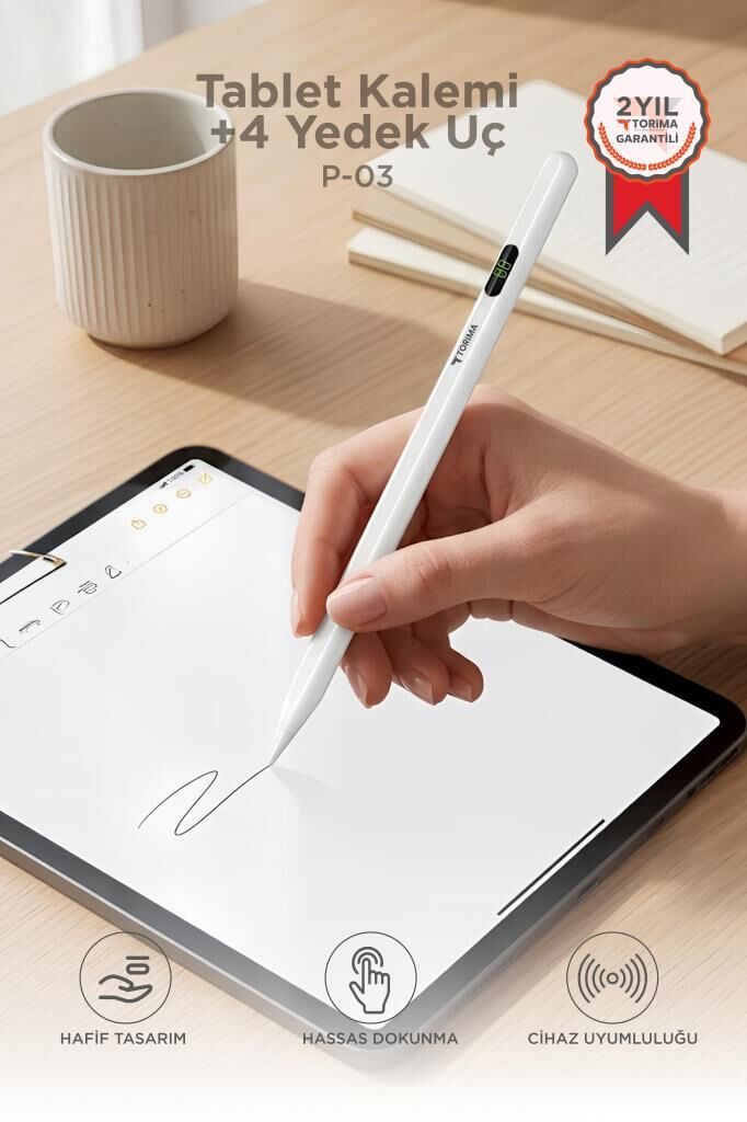 Tablet Kalemi Hassas Dokunmatik Çizim ve Yazım Kalemi 4 Yedek Uçlu P03 Beyaz