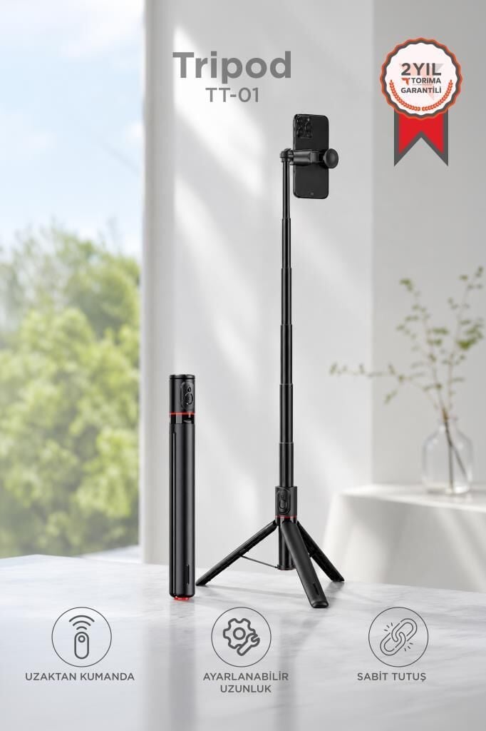 Tripod Çok Amaçlı Kumandalı 1.77M Selfie Çubuğu TT01 Siyah