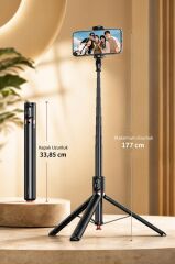 Tripod Çok Amaçlı Kumandalı 1.77M Selfie Çubuğu TT01 Siyah