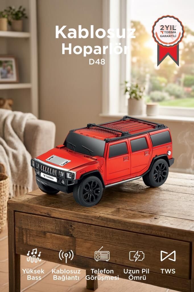 Bluetooth Hoparlör Araba Tasarımlı USB TWS FM Destekli Speaker D48 Kırmızı