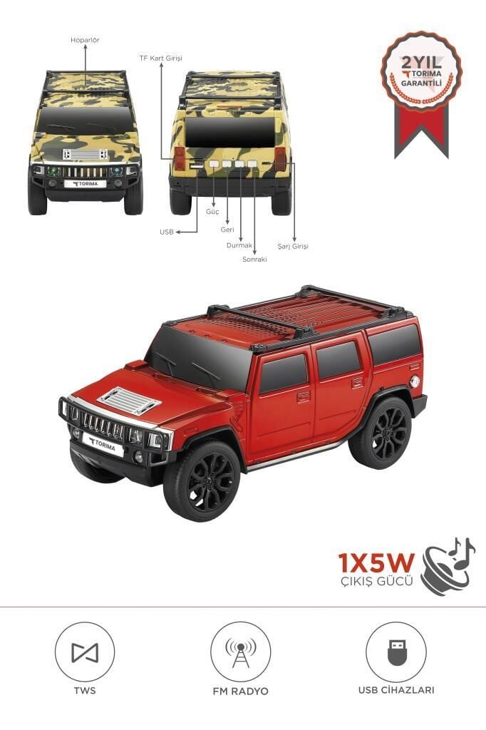 Bluetooth Hoparlör Araba Tasarımlı USB TWS FM Destekli Speaker D48 Kırmızı