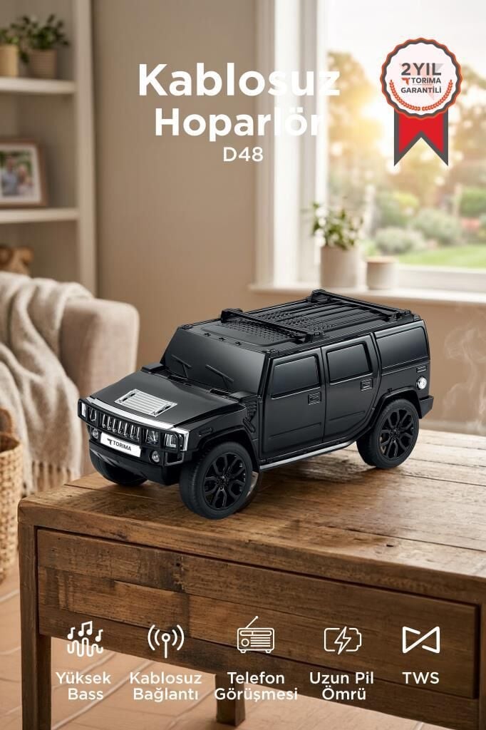 Bluetooth Hoparlör Araba Tasarımlı USB TWS FM Destekli Speaker D48 Siyah