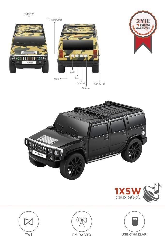 Bluetooth Hoparlör Araba Tasarımlı USB TWS FM Destekli Speaker D48 Siyah