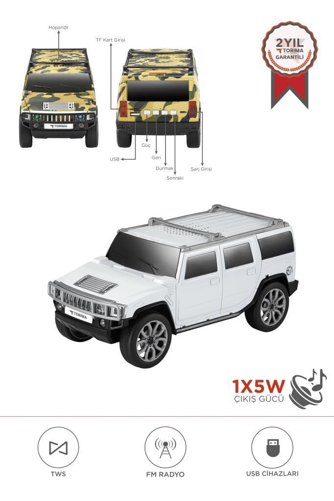 Bluetooth Hoparlör Araba Tasarımlı USB TWS FM Destekli Speaker D48 Beyaz