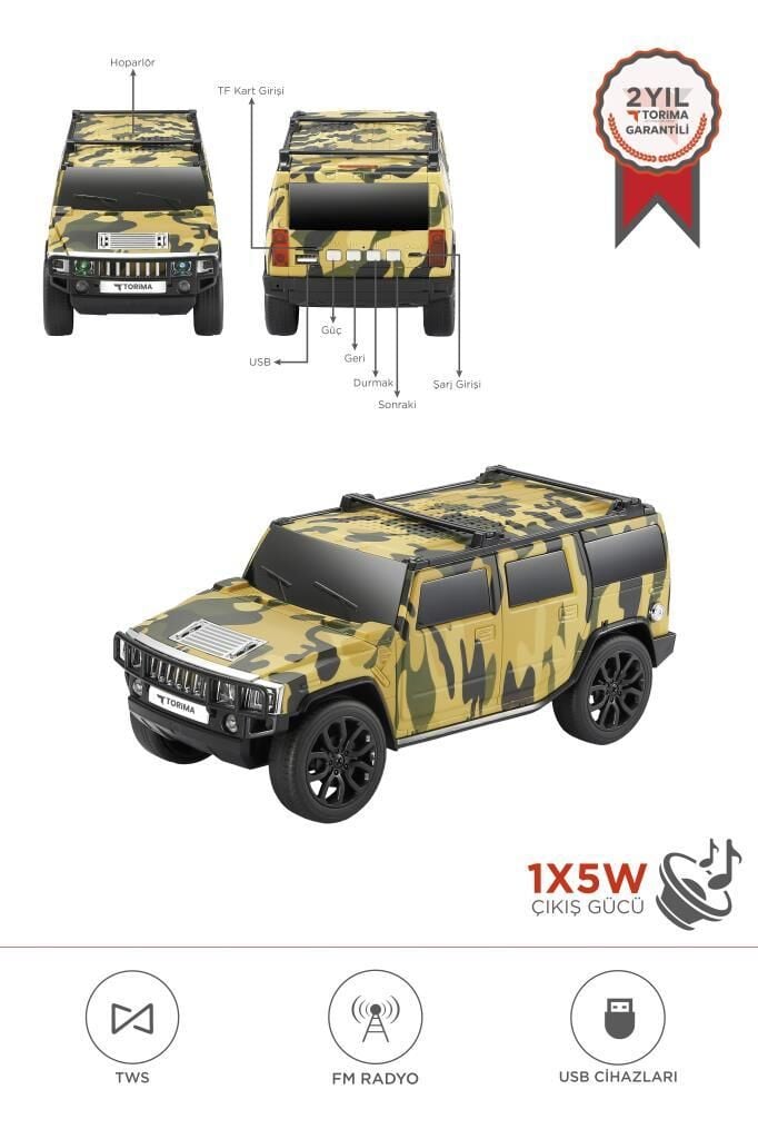 Bluetooth Hoparlör Araba Tasarımlı USB TWS FM Destekli Speaker D48 Kamuflaj