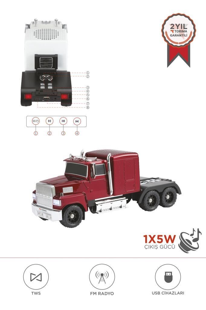 Bluetooth Hoparlör Tır Tasarımlı FM AUX USB Destekli Speaker D50 Kırmızı