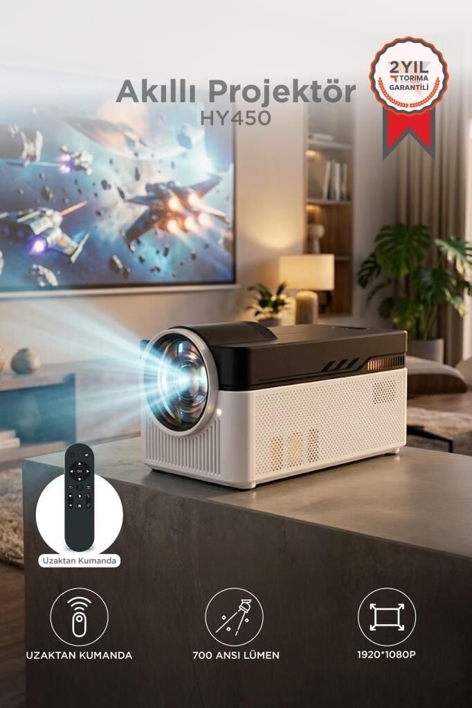 Projeksiyon Cihazı Taşınabilir Ev Sineması 8K 4K 1080P BT 5.4 Android Akıllı Projektör HY450 Beyaz