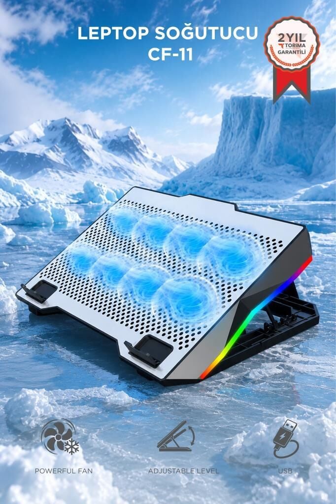 Laptop Soğutucu Ayarlanabilir Rgb Dizüstü Bilgisayar Soğutma Fanı CF11 Gümüş