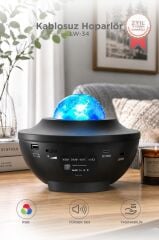Starry Projektör Led Lazer Uzaktan Kumandalı Kablosuz Hoparlör Gece Lambası LW34 Siyah
