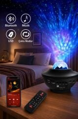 Starry Projektör Led Lazer Uzaktan Kumandalı Kablosuz Hoparlör Gece Lambası LW34 Siyah