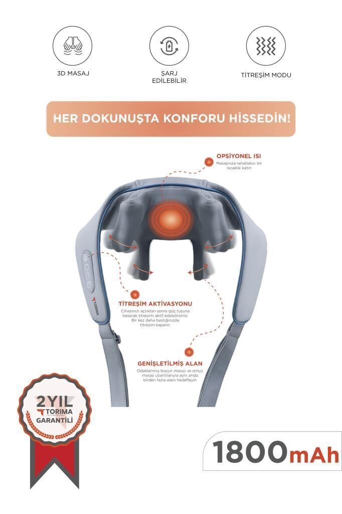 Torima VNB-01 Gri İnsan Eli Hissi Veren Şarjlı Masaj Cihazı Boyun Sırt Ve Bacak Masaj Cihazı