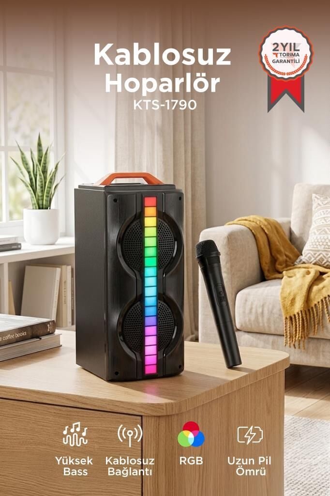 Bluetooth Hoparlör Mikrofonlu Rgb Işıklı Speaker KTS-1790 Siyah