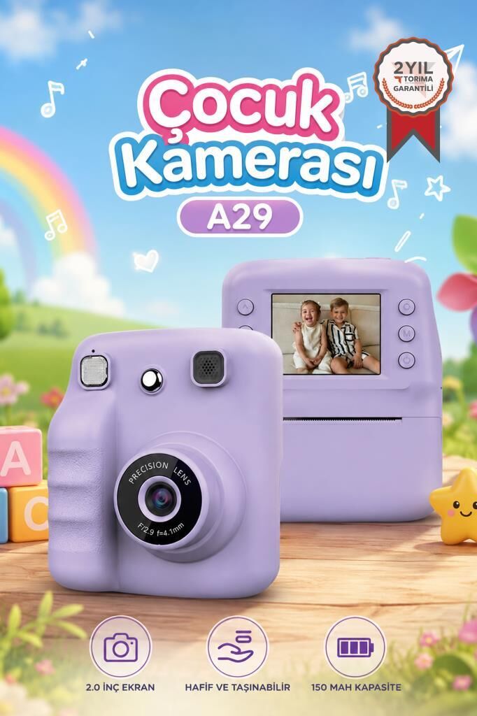 Dijital Fotoğraf Makineleri Çocuk Termal Resim Kağıt Baskılı Yazıcı Kamera Video Makinesi A29 Mor