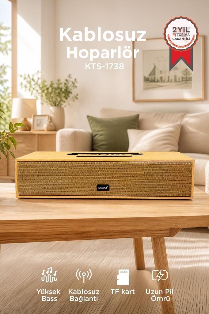Bluetooth Hoparlör Telefon Standlı Derin Bas USB TF Speaker KTS-1738 Ahşap