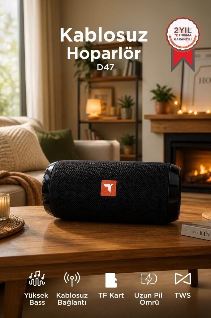 Bluetooth Hoparlör Kablosuz Taşınabilir Ses Bombası TWS USB TF D47 Siyah
