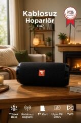 Bluetooth Hoparlör Kablosuz Taşınabilir Ses Bombası TWS USB TF D47 Siyah