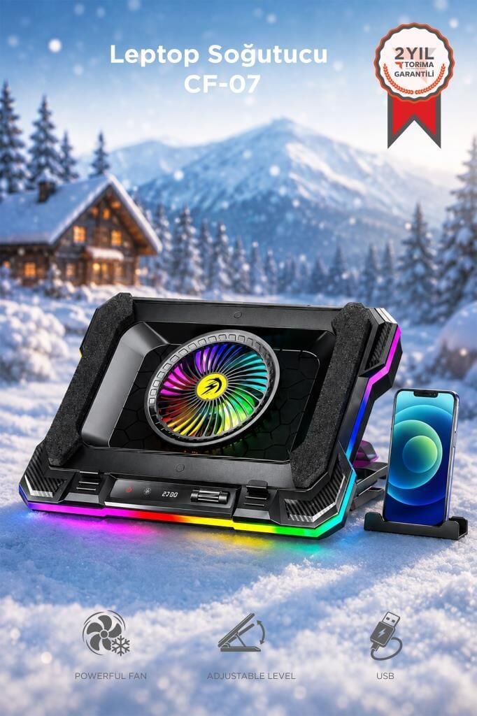 Laptop Soğutucu Ayarlanabilir Rgb Dizüstü Bilgisayar Soğutma Fanı CF07 Siyah