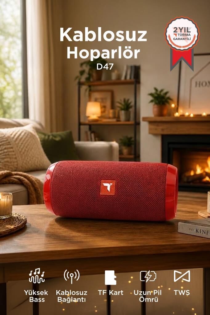 Bluetooth Hoparlör Kablosuz Taşınabilir Ses Bombası TWS USB TF D47 Kırmızı