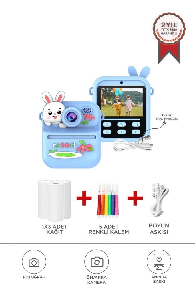 Torima CMR-33 Mavi Dijital Video Kayıt Fotoğraf Çocuk Kamerası Termal Resim Kağıt Baskılı Yazıcı