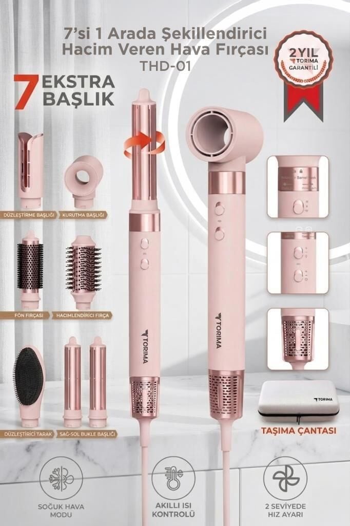 Saç Şekillendirme ve Kurutma Seti 7in1 Hava Üflemeli Fön Makinesi Airwrap Compact THD01 Pembe