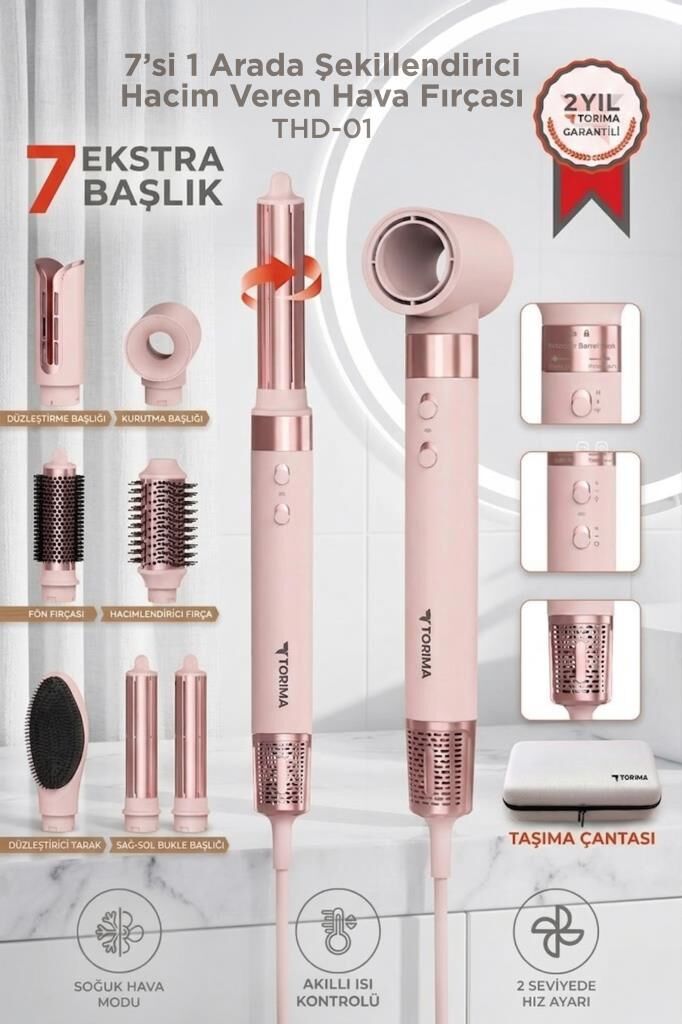 Saç Şekillendirme ve Kurutma Seti 7in1 Hava Üflemeli Fön Makinesi Airwrap Compact THD01 Pembe