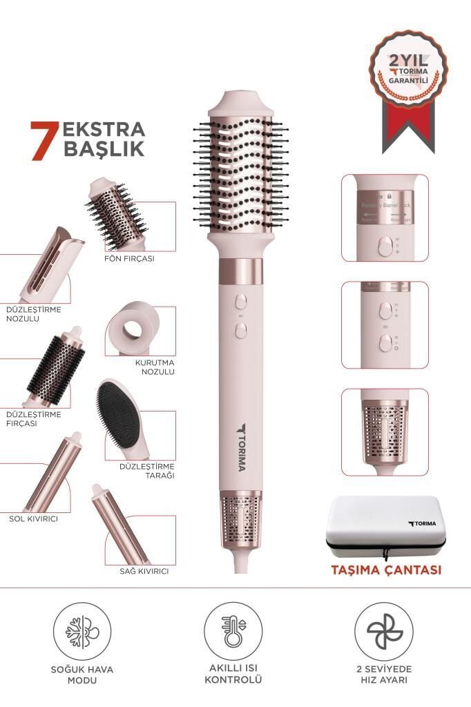 Torima THD-01 Pembe 7 In 1 Hava Üflemeli Saç Şekillendirici Airwrap Compact Saç Kurutma Fön Makinesi