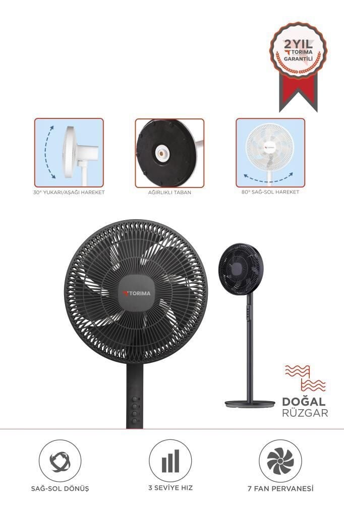 Torima SF-01 Siyah Ayarlanabilir Ayaklı 14'' İnc 45W 3 Kademeli 7 Pervaneli Vantilatör Fan