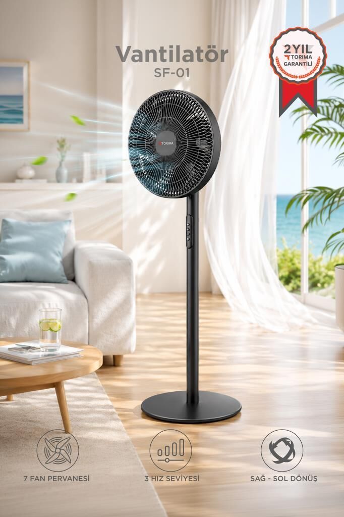 Vantilatör 7 Pervaneli 3 Kademeli Ayarlanabilir Ayaklı 14 Inc 45W Fan SF01 Siyah