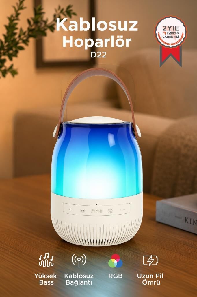 Bluetooth Hoparlör Led Işıklı Taşınabilir Speaker D22 Beyaz