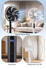 Vantilatör 7 Pervaneli 3 Kademeli Kumandalı Dijital Ekranlı Ayaklı 16 Inc 60W Fan SF02 Siyah