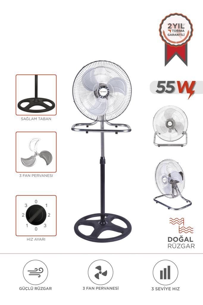Torima SF-03 Gümüş Ayarlanabilir 18'' İnc Ayaklı 55W 3 Kademe 3 Pervaneli Vantilatör Fan