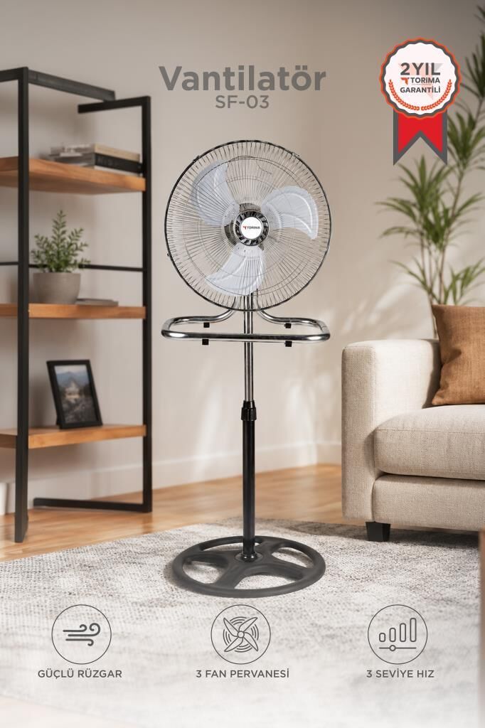 Vantilatör 3 Pervaneli 3 Kademeli Ayarlanabilir Ayaklı 18 Inc 55W Fan SF03 Gümüş