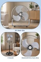 Vantilatör 3 Pervaneli 3 Kademeli Ayarlanabilir Ayaklı 18 Inc 55W Fan SF03 Gümüş