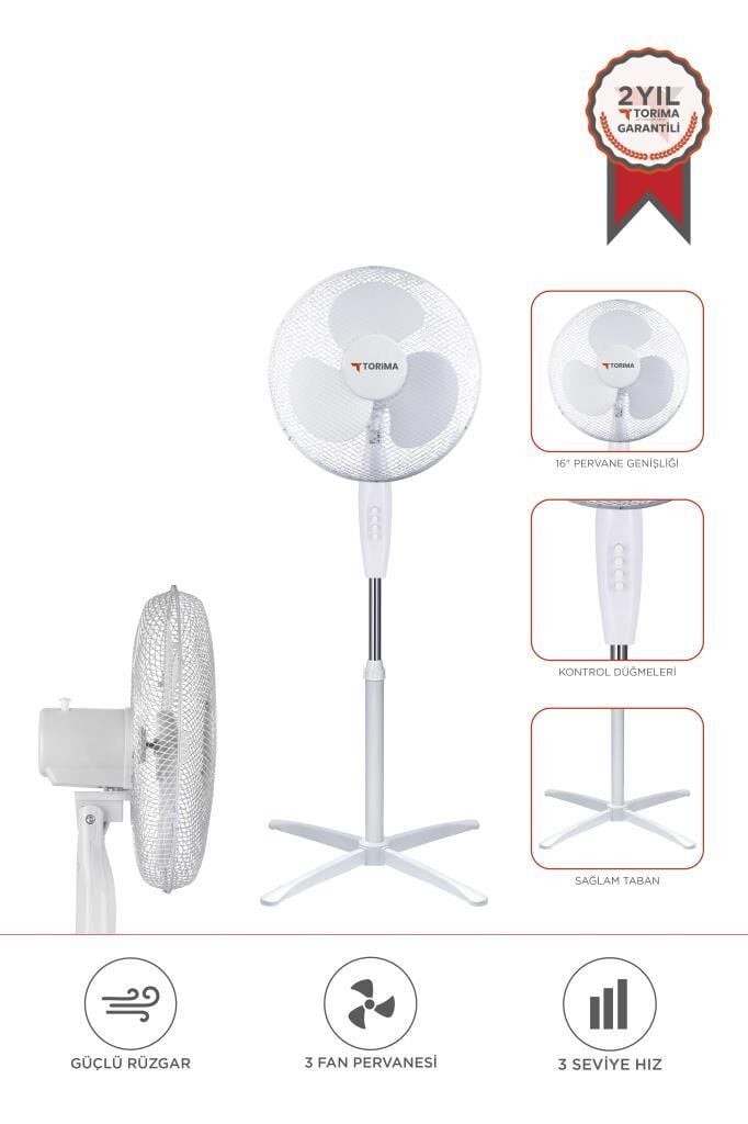 Torima SF-04 Beyaz Ayarlanabilir 16'' İnc Ayaklı Portatif – 55W 3 Kademe 3 Pervaneli Vantilatör Fan