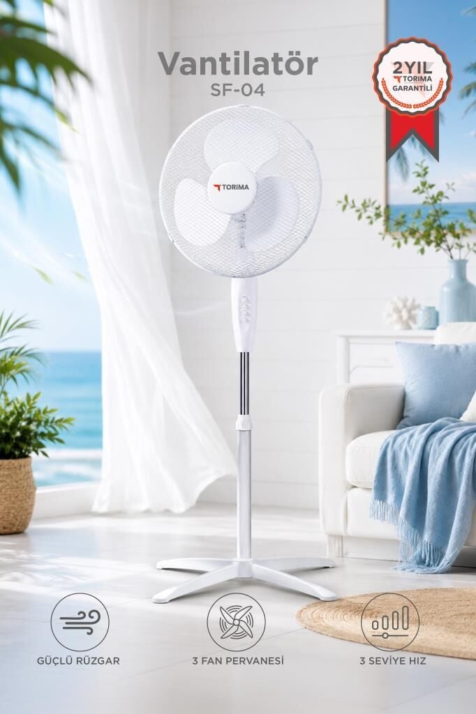 Vantilatör 3 Pervaneli 3 Kademeli Ayarlanabilir Ayaklı 16 Inc 55W Fan SF04 Beyaz