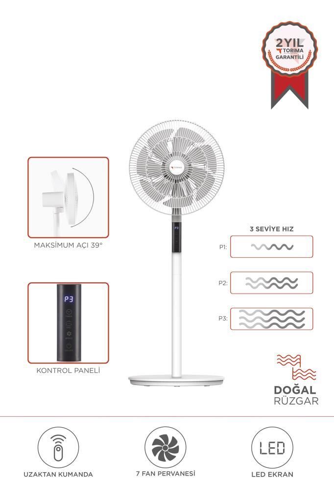 Vantilatör 7 Pervaneli 3 Kademeli Kumandalı Dijital Ekranlı Ayaklı 16 Inc 60W Fan SF02 Beyaz