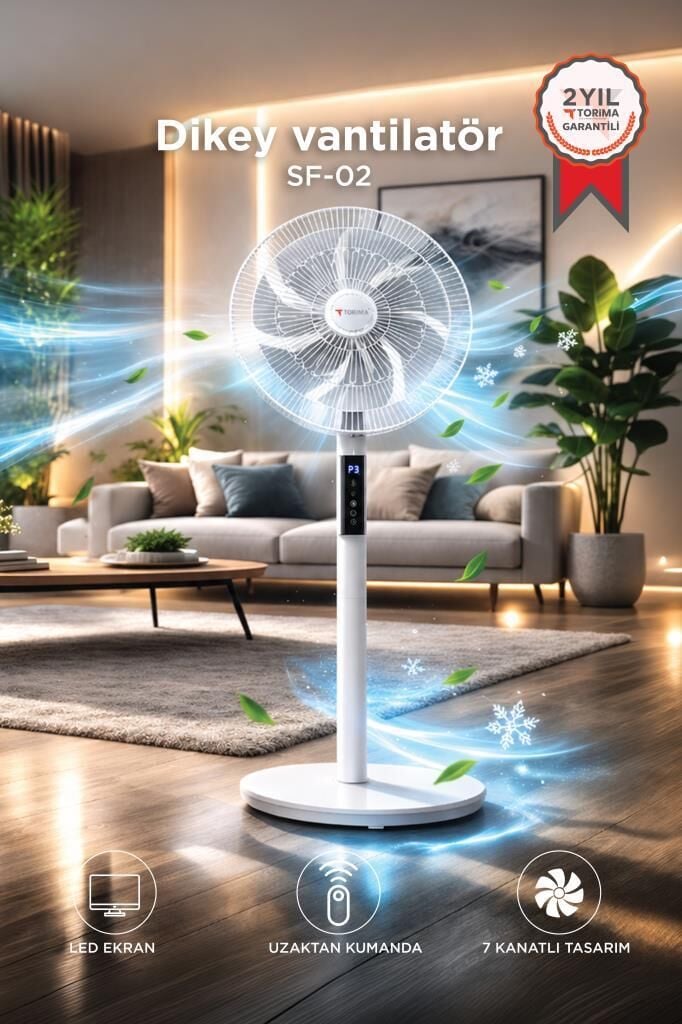 Vantilatör 7 Pervaneli 3 Kademeli Kumandalı Dijital Ekranlı Ayaklı 16 Inc 60W Fan SF02 Beyaz