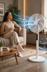 Vantilatör 7 Pervaneli 3 Kademeli Kumandalı Dijital Ekranlı Ayaklı 16 Inc 60W Fan SF02 Beyaz