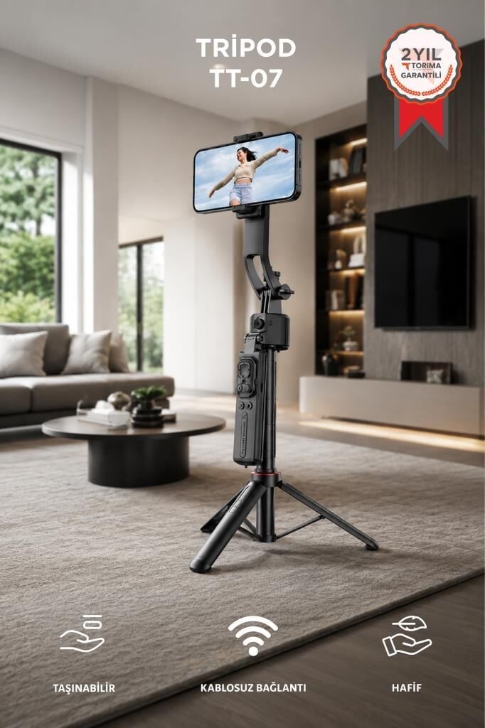 Tripod 360 Yüz Takipli Akıllı Gimbal Çok Amaçlı Kumandalı 1.76 Cm Selfie Çubuğu TT07 Siyah