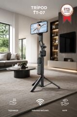 Tripod 360 Yüz Takipli Akıllı Gimbal Çok Amaçlı Kumandalı 1.76 Cm Selfie Çubuğu TT07 Siyah