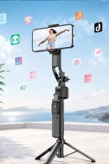 Tripod 360 Yüz Takipli Akıllı Gimbal Çok Amaçlı Kumandalı 1.76 Cm Selfie Çubuğu TT07 Siyah