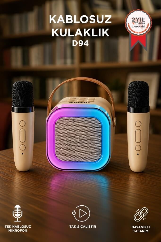 Bluetooth Hoparlör RGB Işıklı Kablosuz Karaoke Ses Sistemi Çift Mikrofonlu Parti Speaker D94 Krem