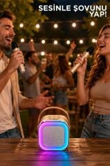 Bluetooth Hoparlör RGB Işıklı Kablosuz Karaoke Ses Sistemi Çift Mikrofonlu Parti Speaker D94 Krem